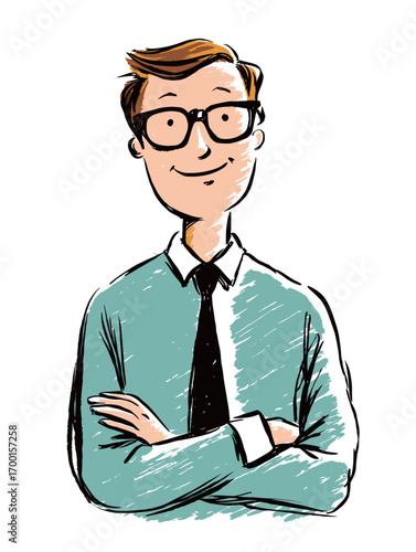 A man with glasses and a light green shirt confidently crosses his arms, smiling. The illustration captures a friendly and approachable demeanor in a casual professional setting.