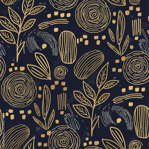 Abstract botanical pattern with gold and gray elements on navy background, patern seamless, Stock royalty image.