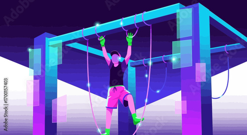 A person doing climbing gym training with neon colors and virtual reality elements