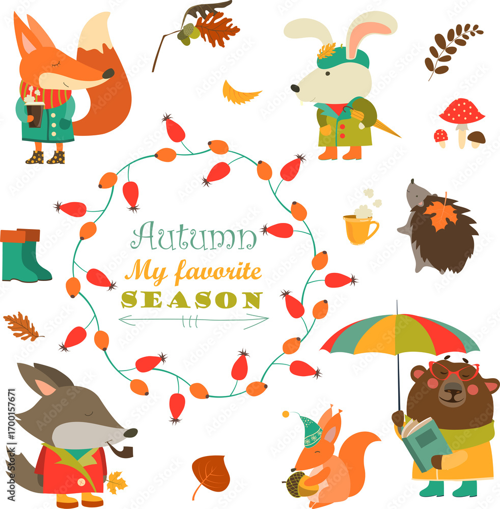 Fototapeta premium Cartoon characters and autumn elements. Vector collection