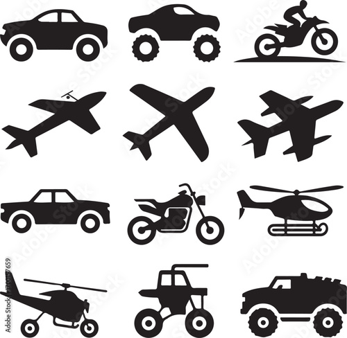 Diverse Vehicle and Aircraft Silhouette Icons Collection sedan coupe