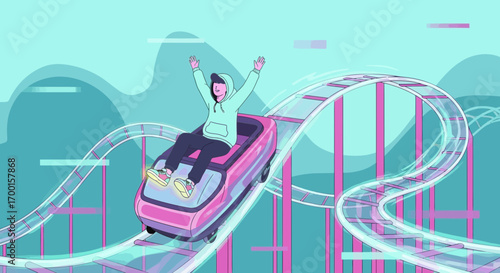 A whimsical illustration of a joyful ride on a vibrant roller coaster adventure