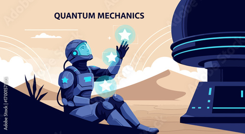 Astronaut in futuristic landscape using quantum mechanics for advanced research exploration