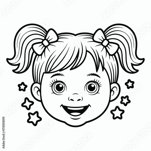 Black and white line art illustration of a happy girl with pigtails and stars vector silhouette vector illustration white background