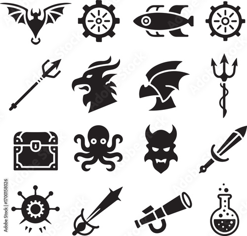 Fantasy And Sci- Fi Icons Collection With Dragon And Spaceship Keywords: fantasy, icon, symbol