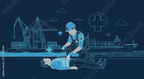 Abstract conceptual illustration depicting workplace accident and emergency first aid response