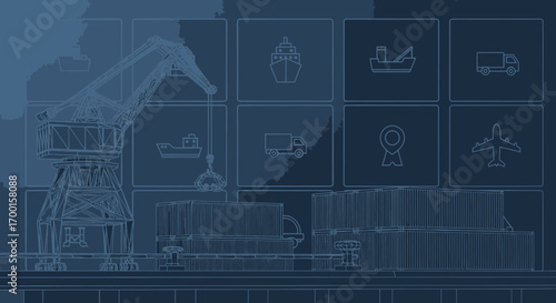 Abstract blue vector illustration of cargo port with crane and shipping containers for logistics