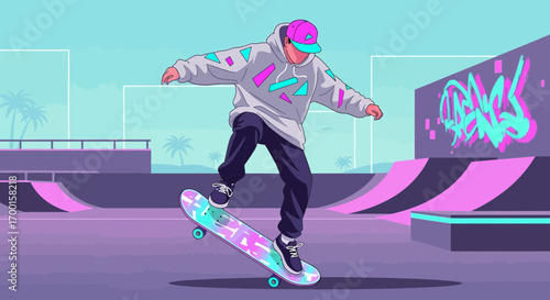 Aesthetic skateboarding illustration in a vibrant skatepark with vaporwave color scheme and graffiti