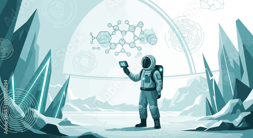 An astronaut on an alien planet examines a molecular structure with a futuristic device
