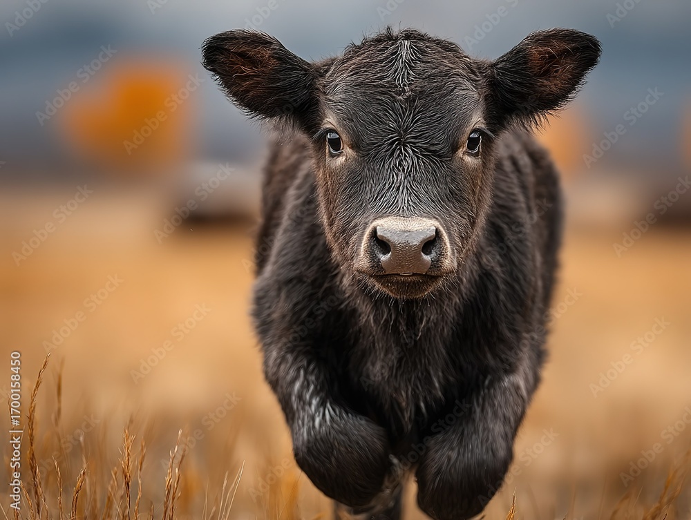 Fototapeta premium Baby Black Angus calf running across grassland, dynamic motion capture, wildlife style