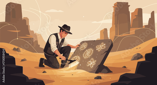 Archeologist unearthing ancient stone tablet with scientific symbols in desert landscape