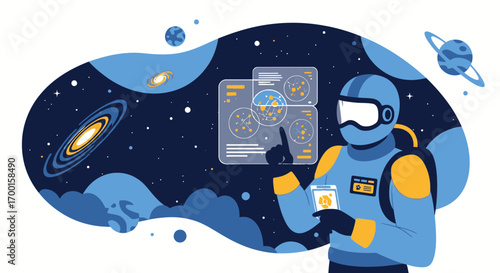 Astronaut analyzing galaxy data in virtual interface for space exploration concept
