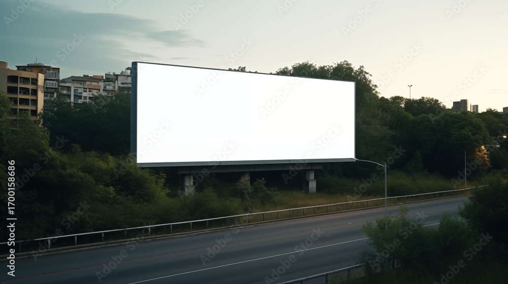 Fototapeta premium Drone perspective of blank billboard in city edge zone, road curve and surrounding trees
