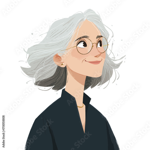 A woman with silver hair styled in waves wears glasses and a dark blouse. She gazes upward with a subtle smile, conveying a sense of warmth and positivity.