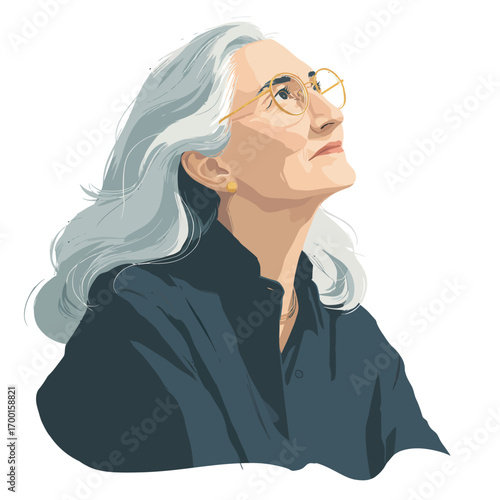 An elderly woman with long silver hair and glasses looks upwards with a serene expression. Shes wearing a dark shirt, reflecting a moment of quiet contemplation.