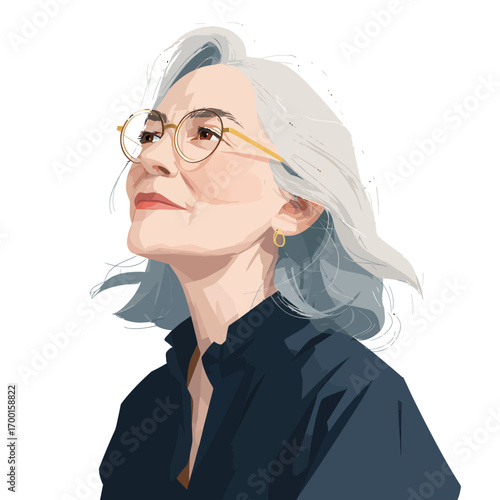 An elderly woman with silver hair and glasses looks upward with a serene expression, reflecting wisdom and tranquility. Her simple attire complements her thoughtful demeanor.