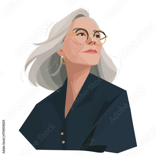 Elderly woman with long gray hair and glasses gazes thoughtfully forward, exuding confidence. She wears a dark blouse and appears to embrace her age gracefully.
