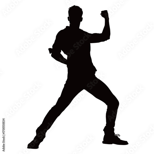 A dancer strikes a powerful pose, showcasing energy and vitality. Their silhouette contrasts sharply against the plain background, capturing the essence of movement and rhythm.