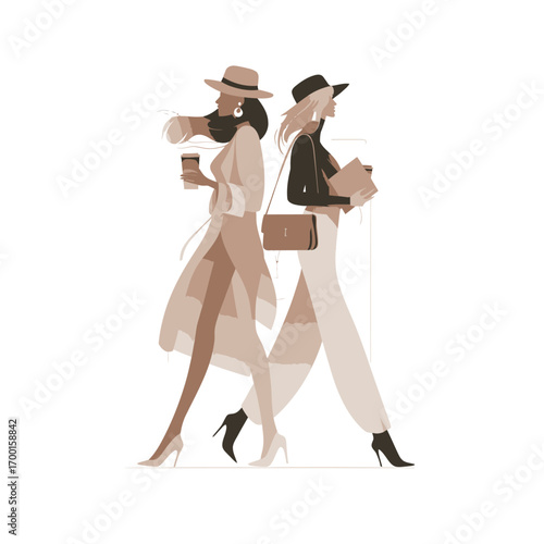 Two fashionable women stroll together on a sunny day, dressed in trendy outfits and holding coffee cups.