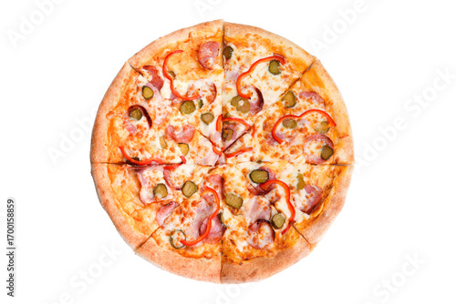 A delicious pizza isolated on a white background, topped with fresh peppers, sausages, pickles, and crispy bacon.