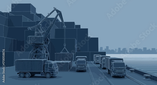Blue toned illustration showcasing shipping port activity with trucks and cargo containers