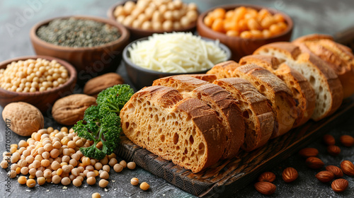 Assorted legumes, bread, and nuts on a rustic surface.