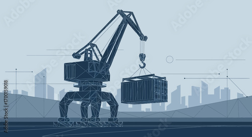 Blueprint illustration showcasing a port crane lifting a shipping container in a stylized setting