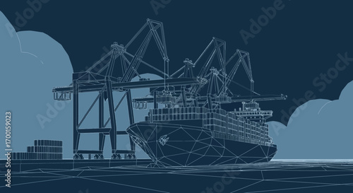 Blueprint illustration of a cargo ship at a port with cranes on a nautical blue background and