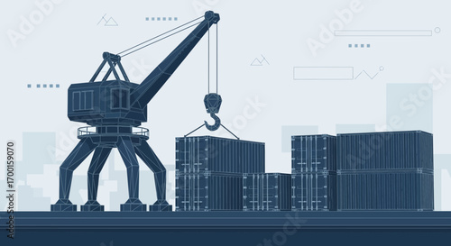 Blueprint illustration of a container crane loading cargo in a shipping port for transportation