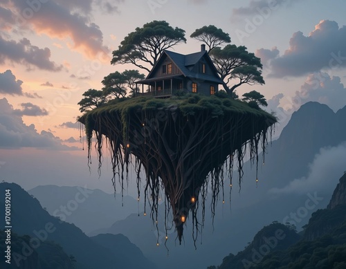 Enchanting house perched atop a floating island, suspended by ancient roots amidst misty mountains at dawn.