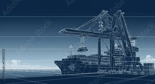 Blueprint illustration showcasing a container ship and a gantry crane at the port terminal