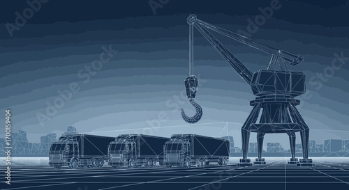 Blueprint rendering showcasing logistics scene with trucks and crane on blue grid