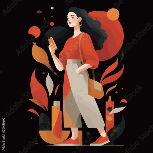 A fashionable woman with curly hair strolls through a striking abstract environment. She holds a smartphone, dressed in a bright top and light-colored pants.