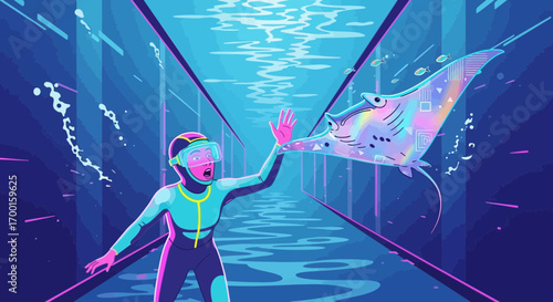 Cartoon diver encounters a colorful manta ray in a futuristic underwater tunnel scene