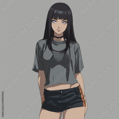 A young woman stands confidently, wearing a casual gray top and black shorts. She has long dark hair and a striking expression, showcasing modern anime art style.