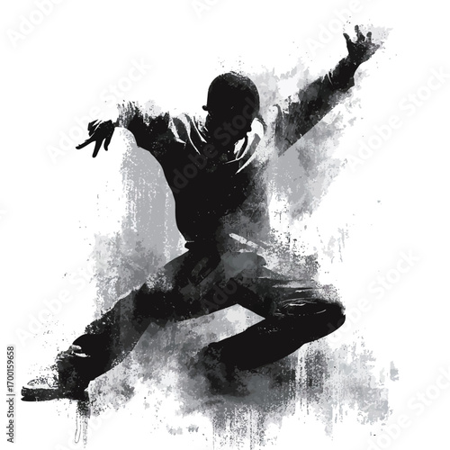 A dancer leaps into the air, showcasing impressive movement and energy, surrounded by a blend of ink-like splashes that accentuate the performance.
