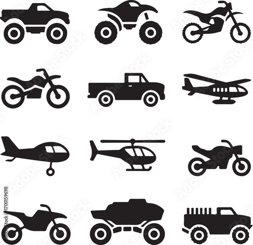 Collection of black vehicle and aircraft silhouette icons quad bike dirt bike