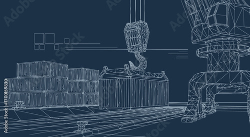 Blueprint style illustration of cargo containers with crane, showcasing global trade and logistics