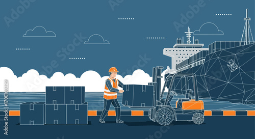 Cargo handling illustration with a worker loading boxes onto a forklift by the ship