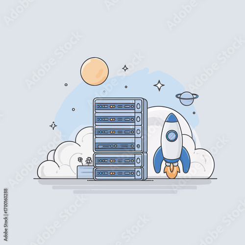 A colorful rocket prepares for launch beside organized stacks of servers against a light sky, with clouds and celestial bodies enhancing the playful atmosphere.