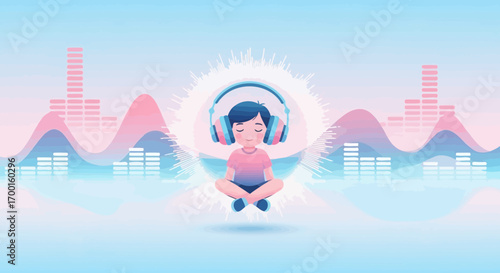 Cartoon boy listening music, calm meditation, vector illustration pastel background with audio
