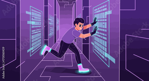 Cartoon character running through digital maze, interacting with interface panels in virtual world