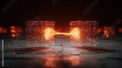 Two abstract quantum computers connected by glowing energy beam with blurred futuristic laboratory background, symbolizing groundbreaking science, advanced technology, innovation, data processing