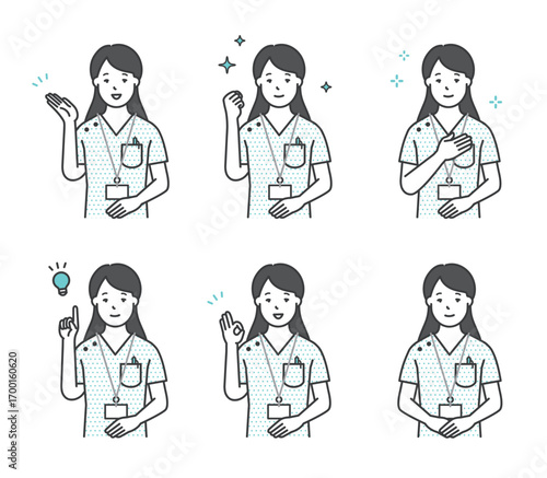 笑顔でポーズをとる看護師のアイコンセット イラスト素材