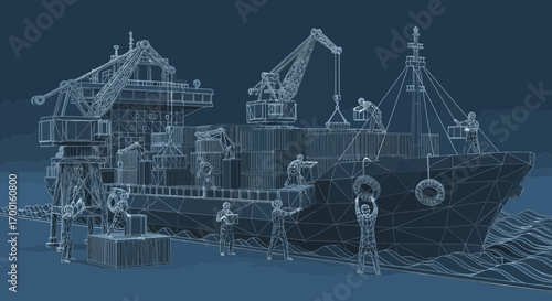 Conceptual blueprint illustration of a cargo ship with workers loading containers using cranes and