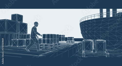 Conceptual blueprint of a cargo ship terminal with worker and shipping containers showcasing