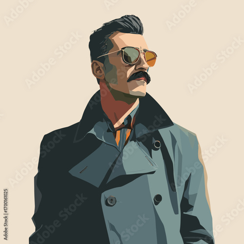 A fashionable man stands confidently, wearing sunglasses and a stylish trench coat. His slicked-back hair and poised demeanor enhance his modern, urban look.