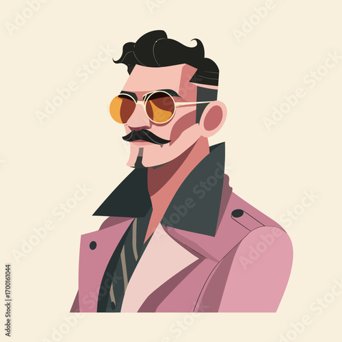 A fashionable man poses with sunglasses and a vintage-inspired jacket. His confident expression and well-groomed mustache highlight his unique style.