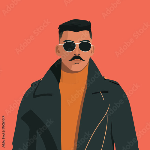 A man stands confidently wearing trendy sunglasses and a stylish coat. The vibrant orange background enhances his modern look, highlighting the fashion statement.