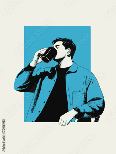 A young man takes a sip from a black mug, dressed in a blue jacket over a dark shirt. The bright blue background adds a vibrant contrast to the setting.